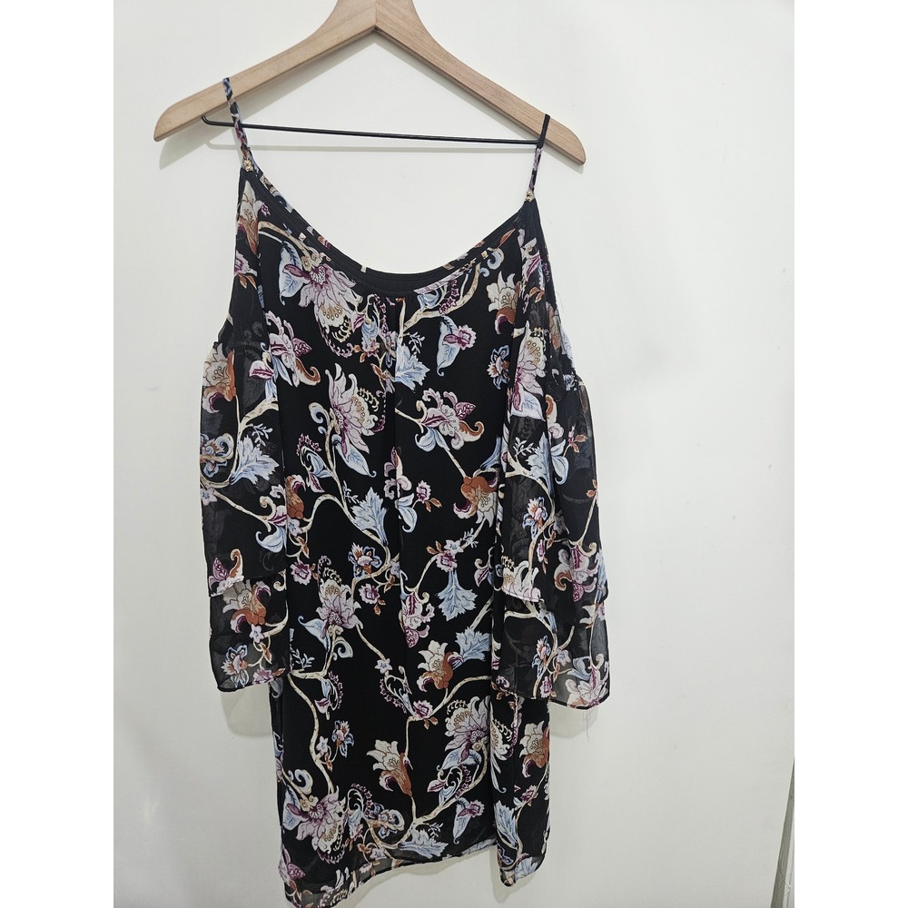 White House Black Market Floral Cold Shoulder Tiered Sleeve Blouse Black XL